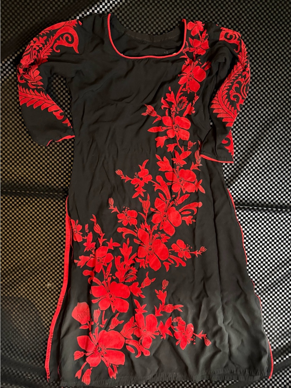Black Dress with Red Floral Embroidery high slits on both sides